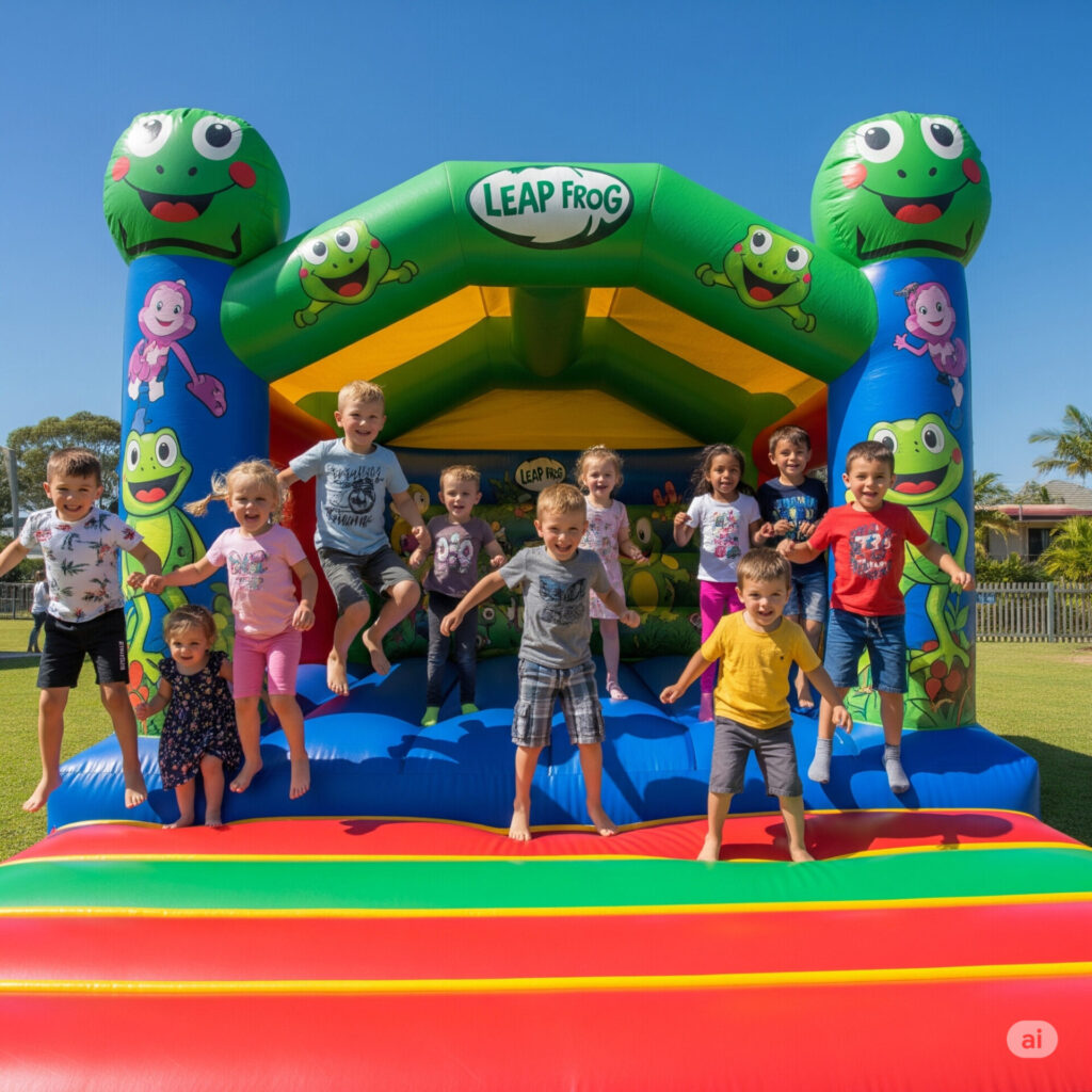 Kids enjoying a bounce Gold Coast experience on a Leap Frog Jumping Castle with the Gold Coast skyline in the background.