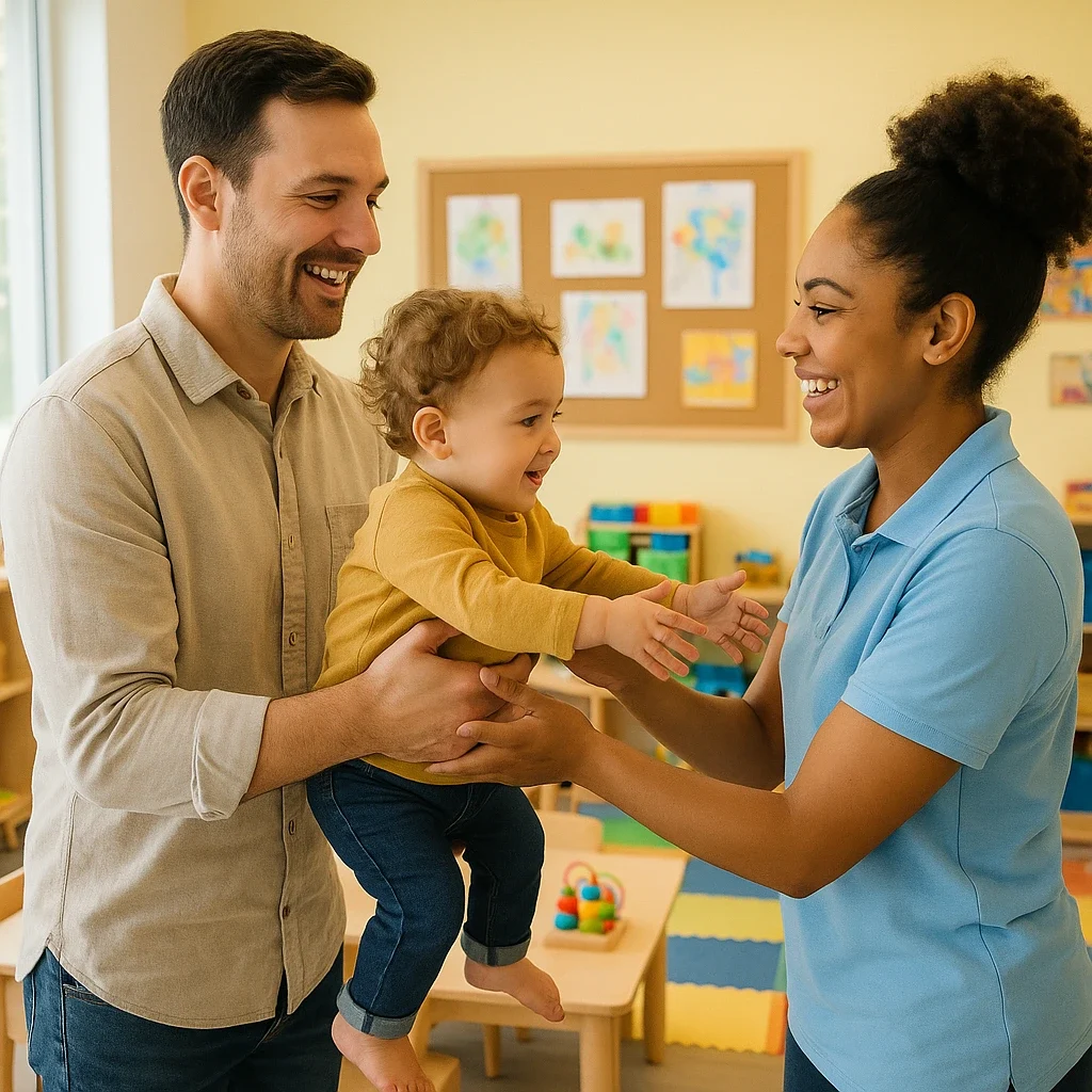 Parent dropping off child at a safe, friendly hourly daycare center