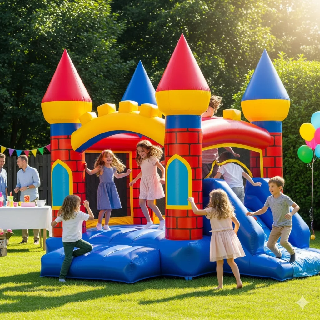 Colorful inflatable jumping castle with kids playing outdoors at a family party