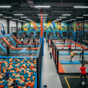 Kids and adults jumping at a trampoline park with foam pit and dodgeball court