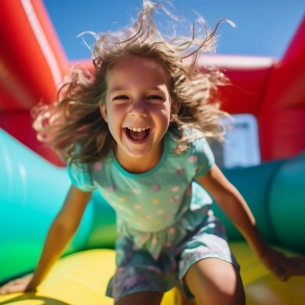 Kids playing and bouncing inside a colorful jumping castle at a backyard party