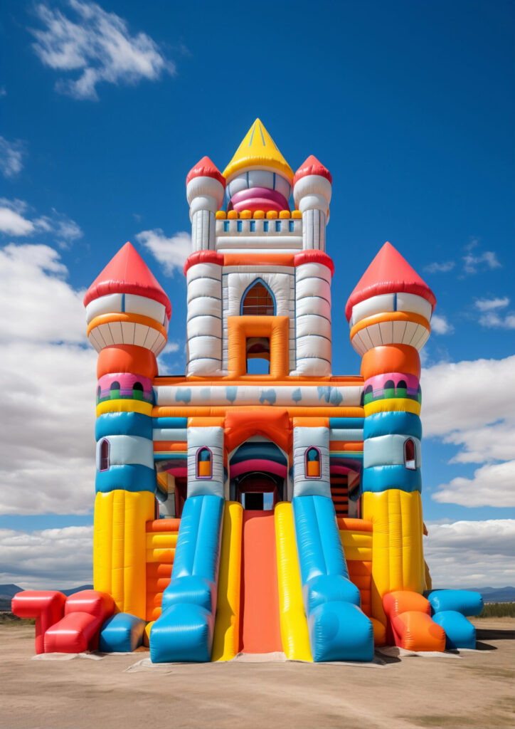 Inflatable jumping castle set up at an outdoor kids’ party with balloons and decorations