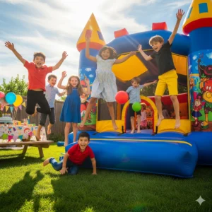 Children playing safely inside a bright inflatable bounce house in the backyard