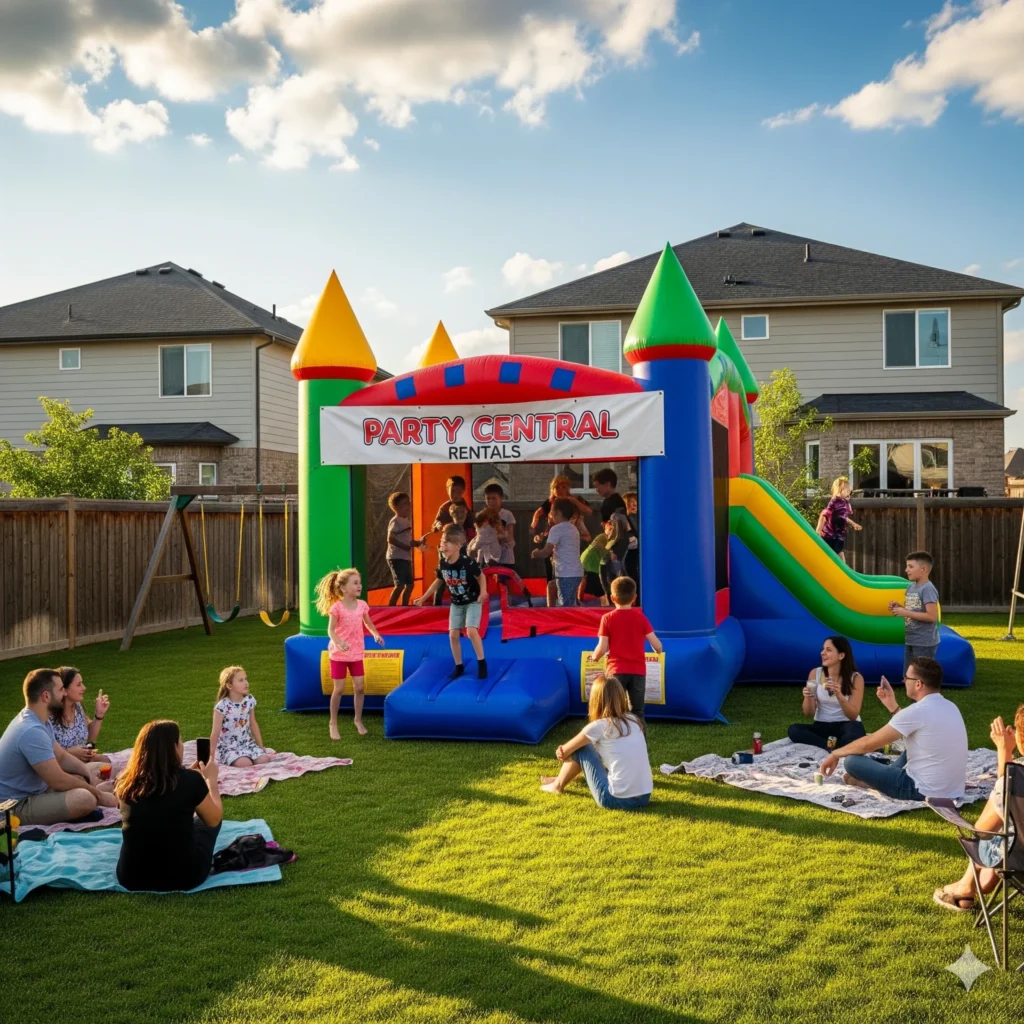Children enjoying a bounce house rental at a backyard party with adults supervising nearby