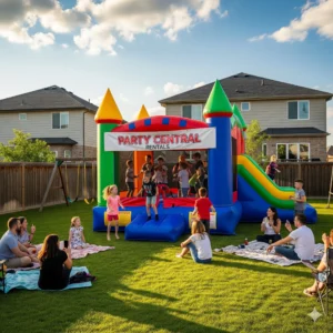 Children enjoying a bounce house rental at a backyard party with adults supervising nearby