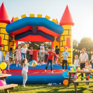 Children jumping inside a bright inflatable bounce house at a backyard celebration with parents supervising nearby
