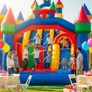 Children enjoying a bright inflatable bouncy castle at a backyard party with parents watching