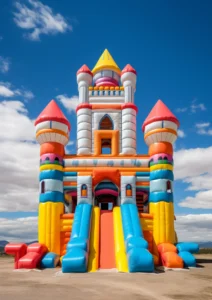 Colorful bounce house setup at a backyard party for kids