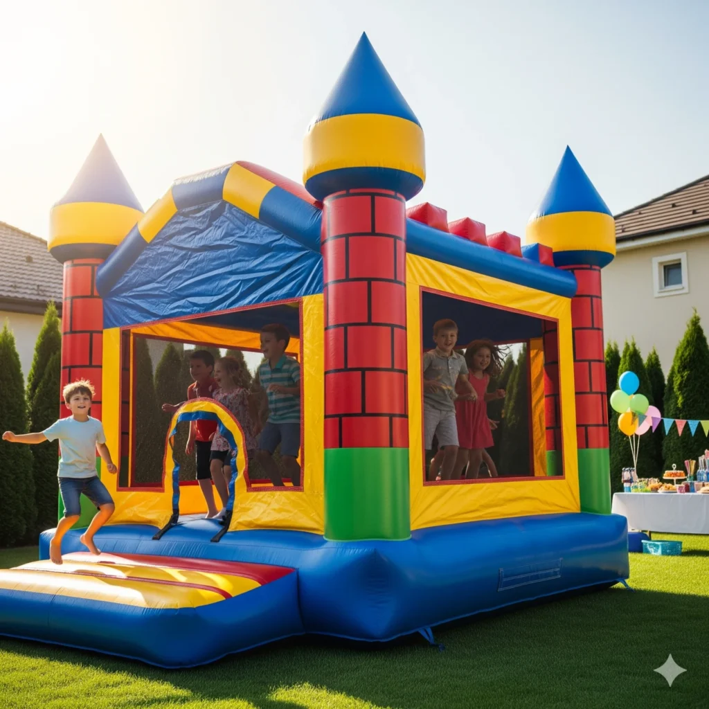Kids playing inside a colorful bounce house at a backyard party