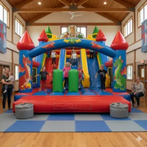 Indoor bounce house anchored with sandbags and kids playing safely inside