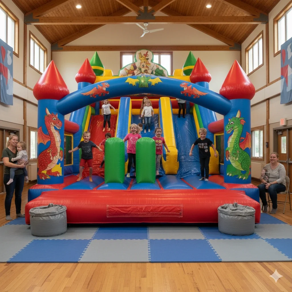 Indoor bounce house anchored with sandbags and kids playing safely inside