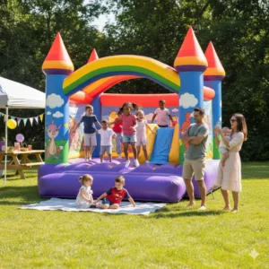 Children playing inside a colorful inflatable bounce house at a family event with parents watching nearby