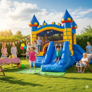 Children enjoying a bounce house rental at a backyard birthday party
