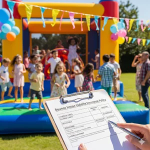 Insurance policy document with a bounce house in the background representing bounce house insurance coverage.