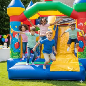 Children playing safely inside a bright inflatable bouncy castle