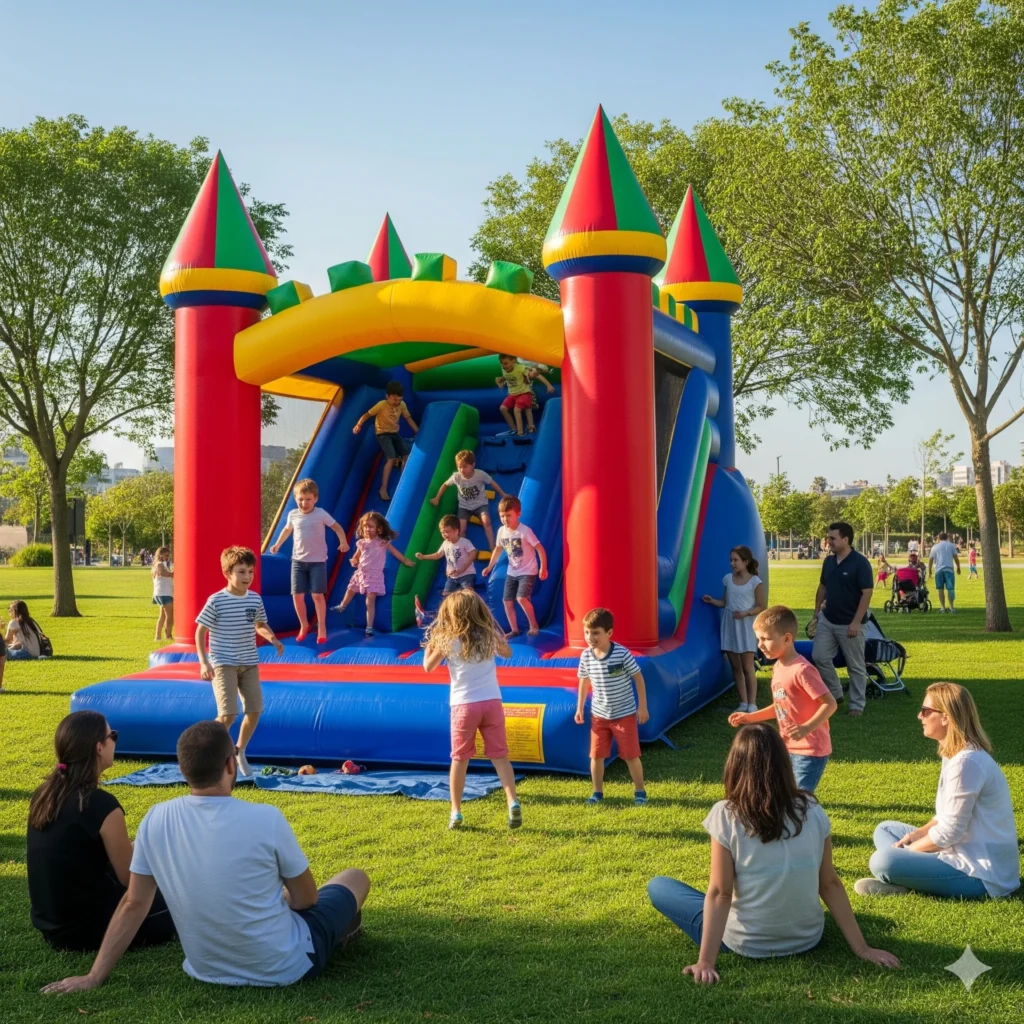 A colorful bounce house set up at a public park during a kids’ birthday celebration