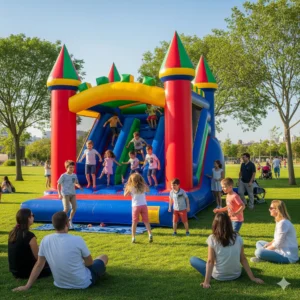 A colorful bounce house set up at a public park during a kids’ birthday celebration