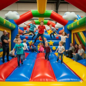 Children playing inside a bounce house safely set up indoors at a home party