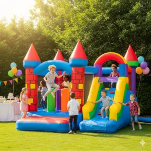 Kids playing inside a colorful jumping castle at a backyard party