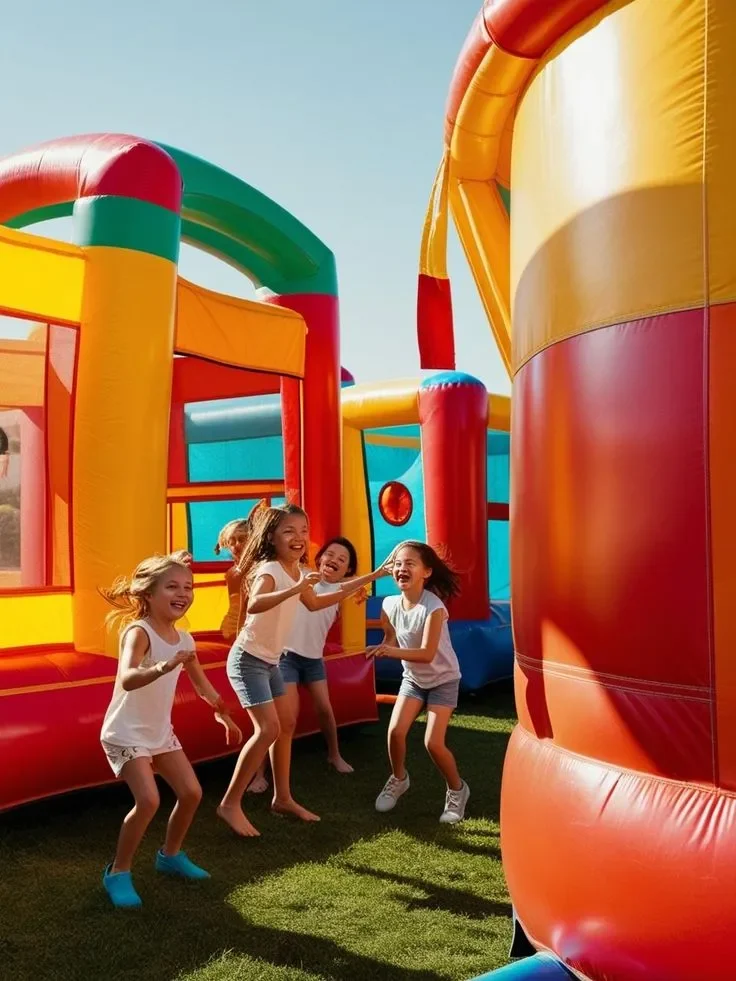 Children jumping on a colorful inflatable bouncy castle during a birthday celebration