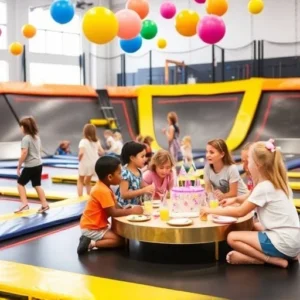 Kids celebrating at BOUNCE Gold Coast trampoline park with trampolines and party setup